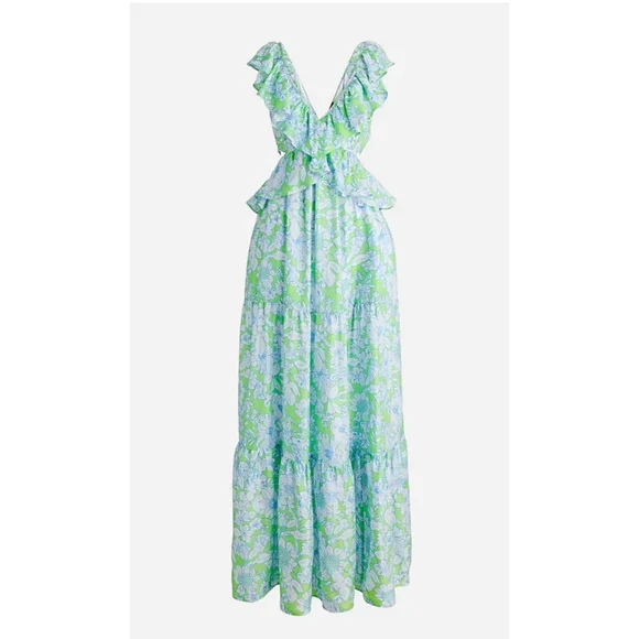 71. J.Crew Collection ruffle-trim cutout maxi dress in lime floral - Picture 4 of 12